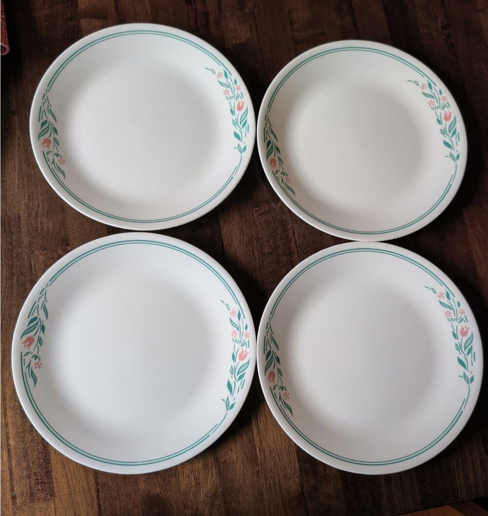 Set of 4 VTG Corelle Rosemarie Dinner Plates 10 1/4" Pink Tulips Green White